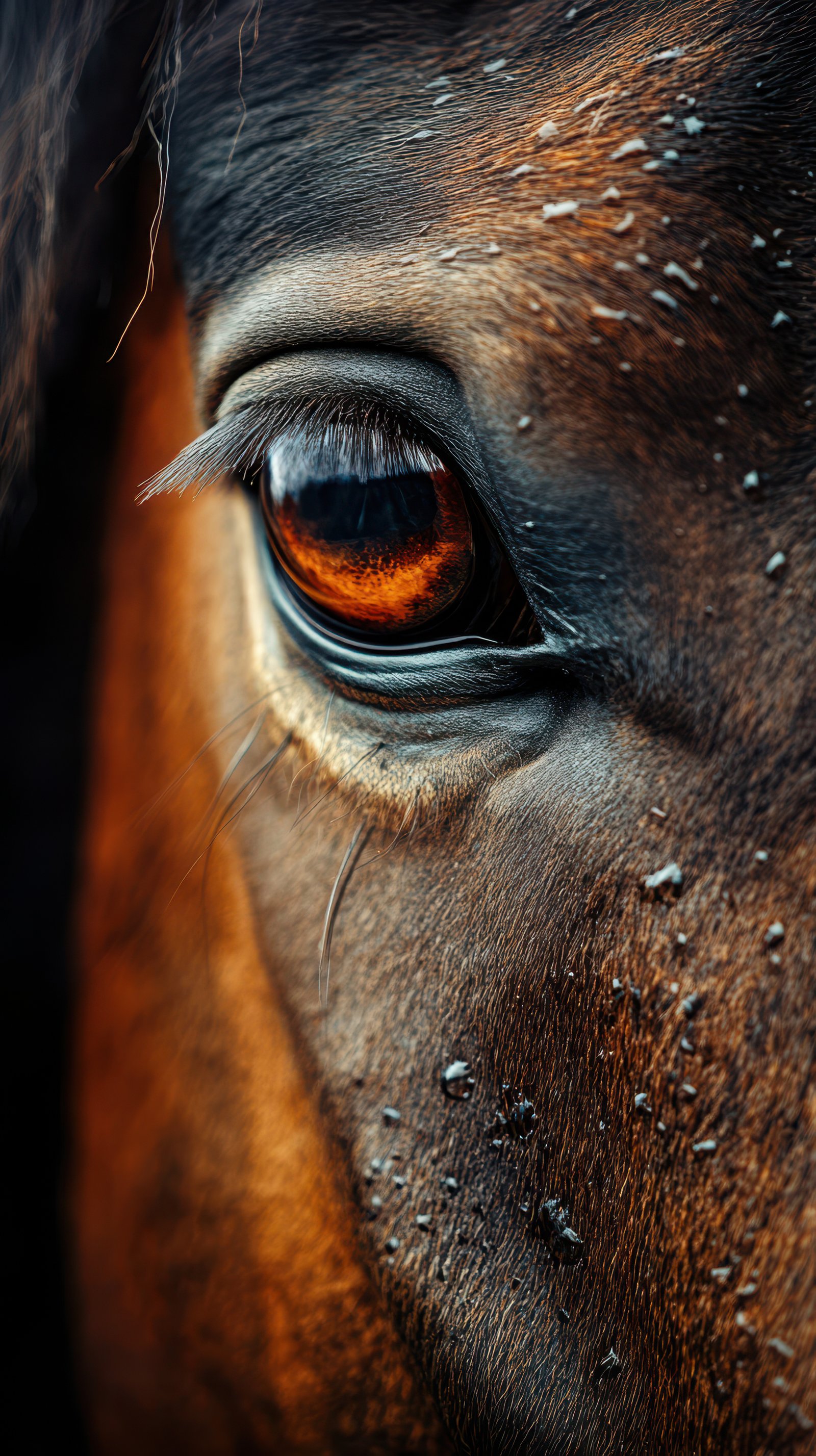 Close-up view of a horse's eye revealing intricate details and textures in natural light